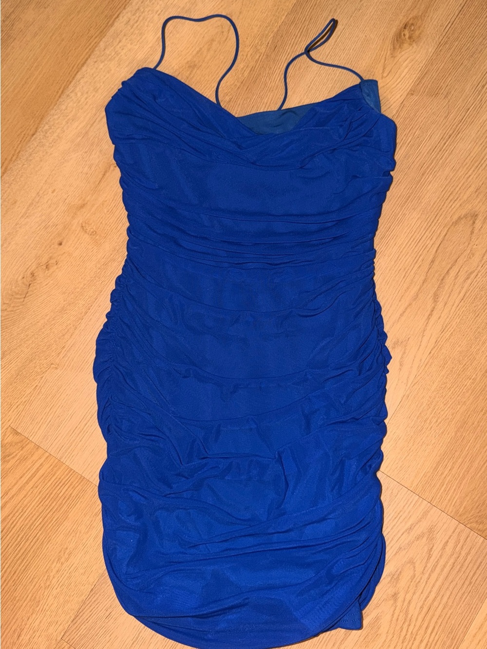 Blue Ruched Spaghetti Strap Mini Dress